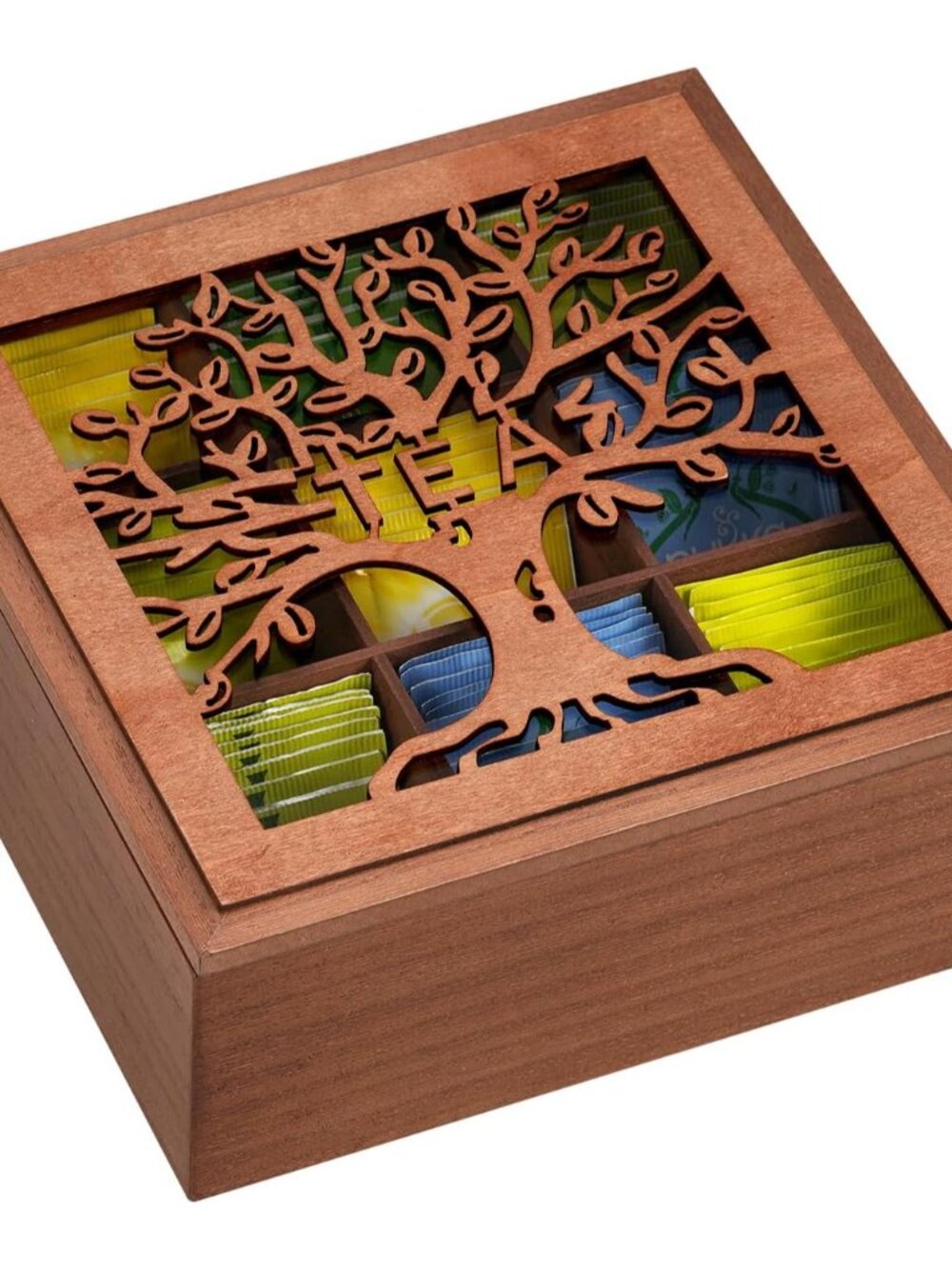 Wood Tea Box Organizer,Tea Organizer and Storage with Tree Pattern